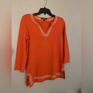 Tommy Bahama Coral Cashmere Top with White Embroidery